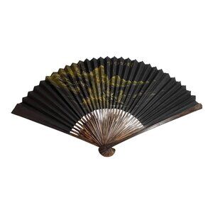 Handcrafted Black & Gold Asian Oriental Folding Fan Scenic Landscape Design 18"